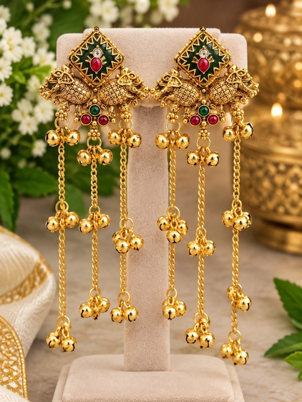 Kashmiri Earring.Gold Tone Peacock Dangler Earrings with Green & Red Accents